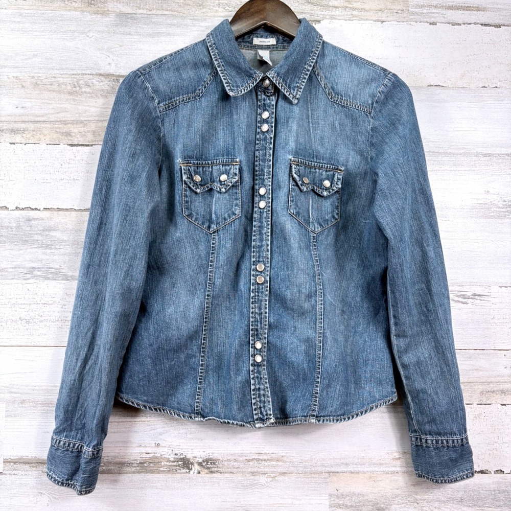 Old Navy Y2K Vintage Denim Western Shirt M Blue Pearl Snap Perfect Fit Cowgirl